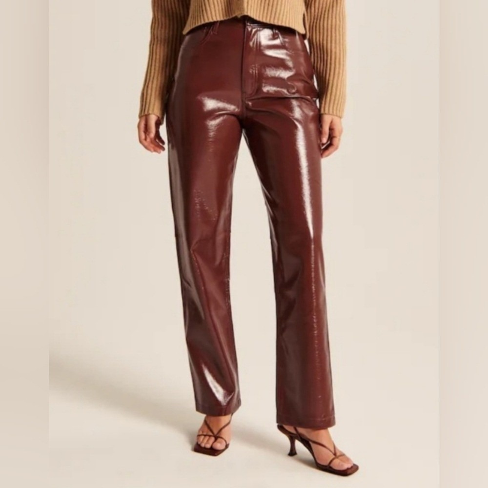 A&F Curve Love Brown 90s Straight Ultra High‎ Rise Vegan Faux Leather Pants 32